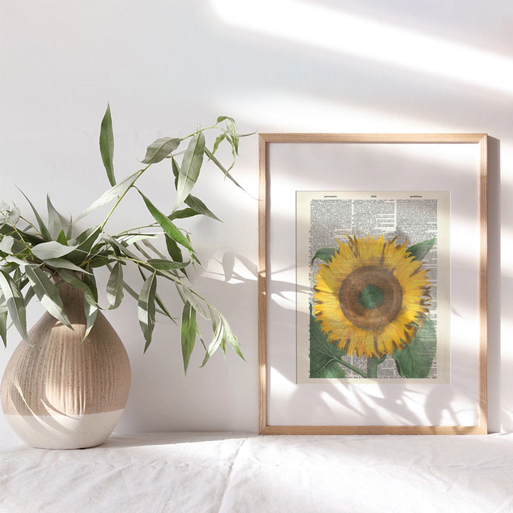 Sunflower On Photo of Dictionary Page - Unframed Wall Art Print - Great For Home Decor - Affordable and Easy Gift Giving - Ready to Frame (8x10) Photo