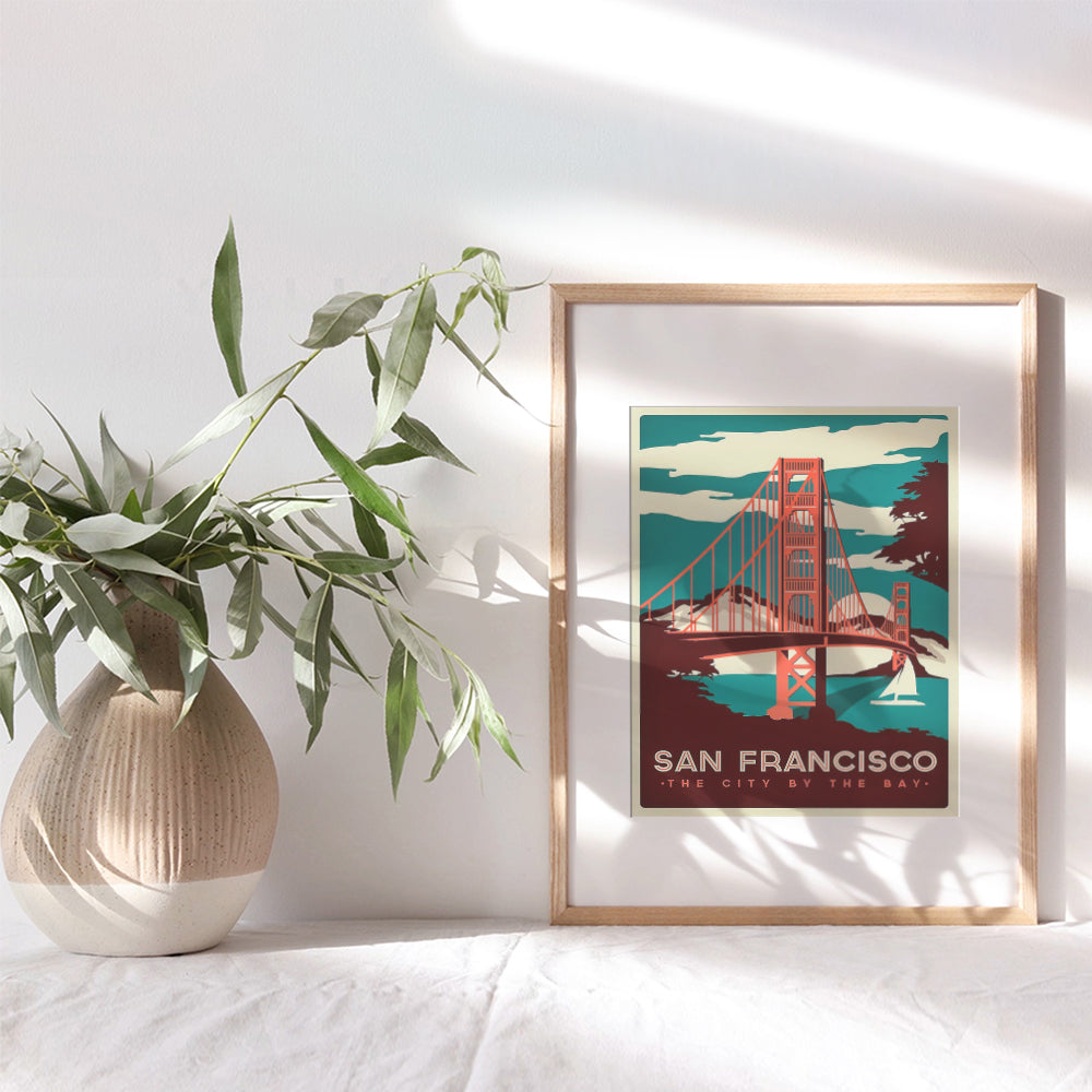 San Francisco Golden Gate Bridge Vintage Art Print Wall Poster -Chic Home Decor for Living Room, Bedroom, Family Room, Office - Gift for California CA Travel Fans- 8x10 Photo Unframed