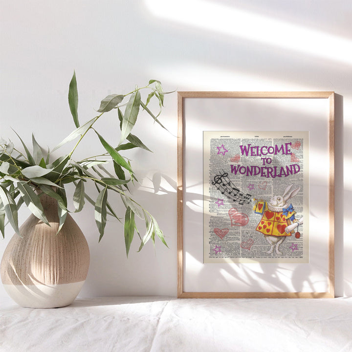 Alice Wonderland Art Print - White Rabbit Upcycled Dictionary Wall Art Poster for Nursery, Kids, Boys, Girls Room - Great Baby Shower Gift - 8x10 Unframed Photo