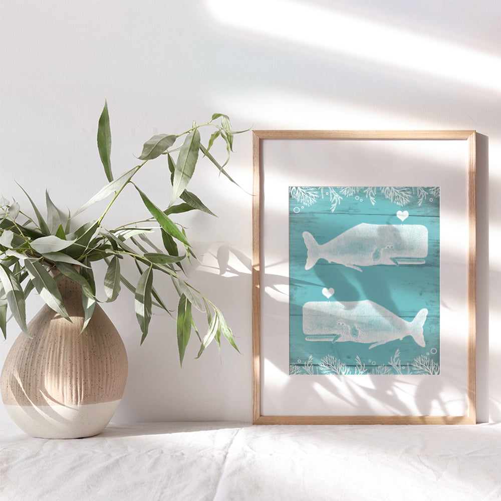 Nautical Whales Art Print - Vintage Wall Art Poster - Retro Shabby Chic Farmhouse Home Decor for Beach House or Lake House, Kitchen, Bathroom - A Great Housewarming Gift - 8x10 Photo - Unframed