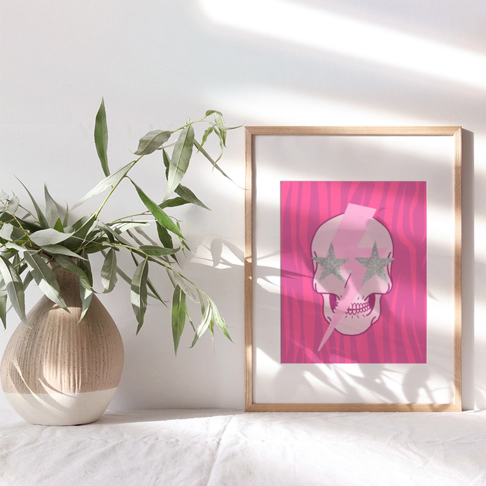 Indie Aesthetics Room Decor - Preppy Room Decor - Cool Retro style Modern art Contemporary art Hipster Minimalist Wall Art & Decor Poster - Pink Skull Wall Decor - Yellowbird Art & Design 8x10