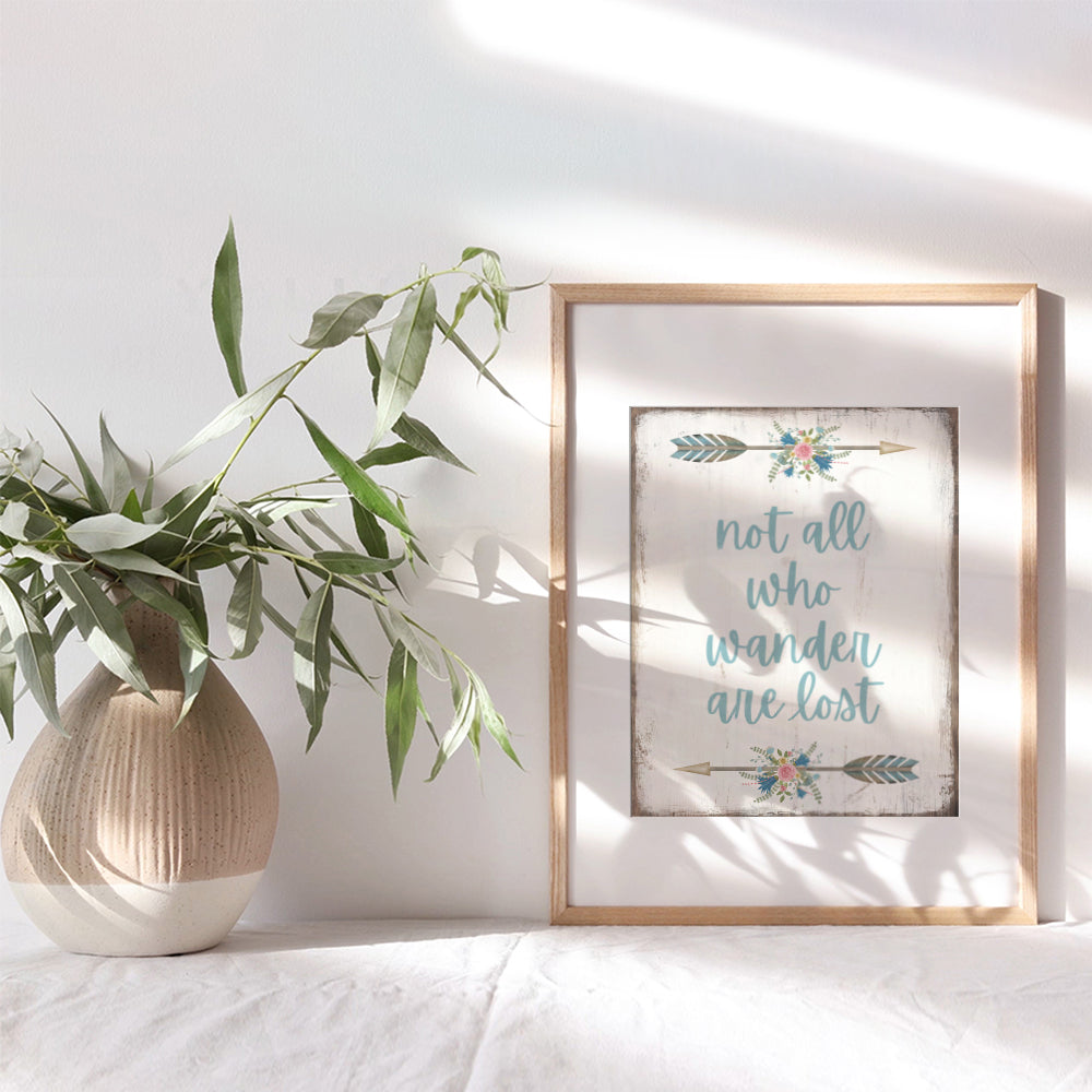 Not All Who Wander Are Lost Wall Decor - Indian Arrow Wall Decor - Hippie Room Decor - Light Blue Rustic Bohemian Wall Art - Inspirational Boho Decorations - Girls, Womens Bedroom - Positive Quotes