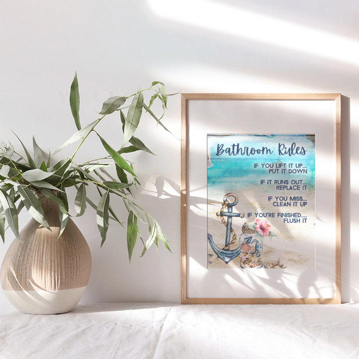 Nautical Coastal Beach Bathroom Decor - Rustic Blue Bathroom Decor - Seashell Bathroom Decorations - Seahorse Bath Art - Bathroom Rules Sign - Bathroom Decor for Women - Ocean Decor - Anchor Wall Art