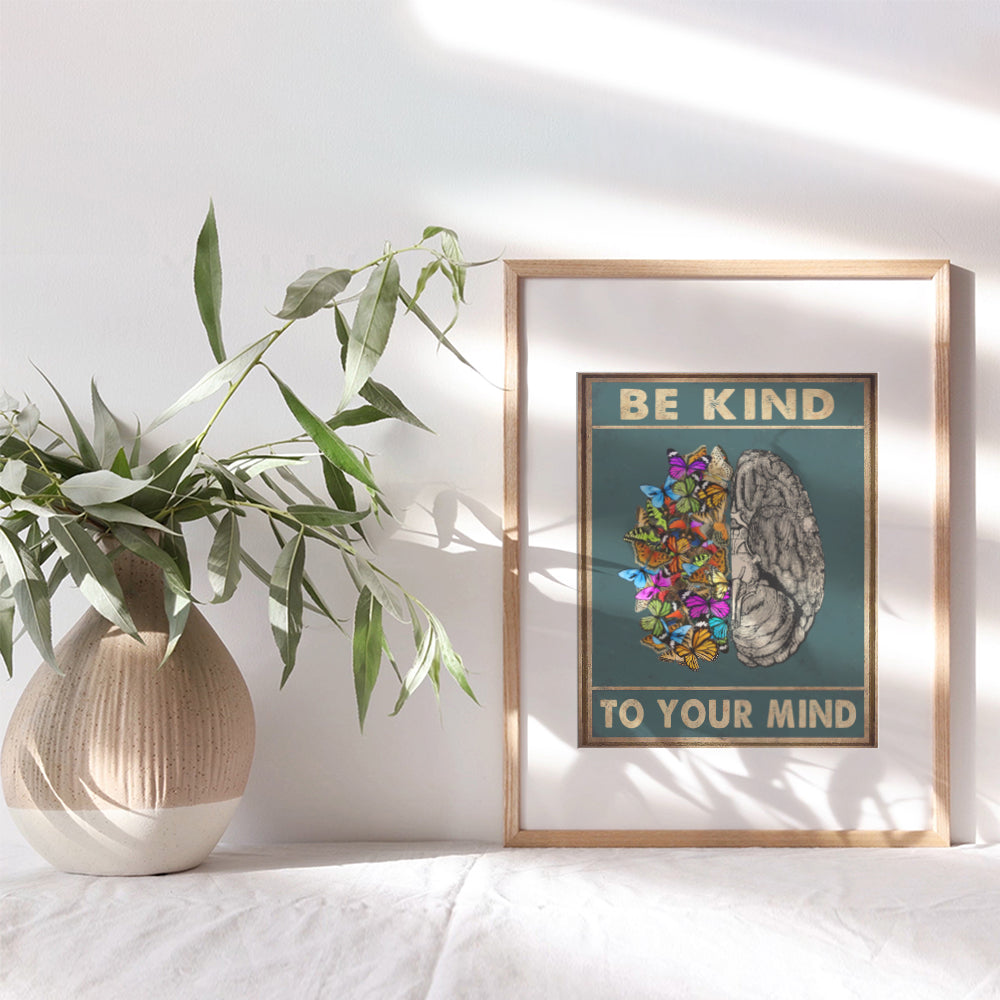 Yellowbird Art & Design Wall Art & Decor - Be Kind to Your Mind Mental health Wall Art- Vintage Butterflies Brain Wall Art Poster - Zen Meditation Wall Art - Office Family Living room Bedroom Wall Art