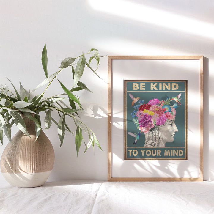 Yellowbird Art & Design Wall Art & Decor - Be Kind to Your Mind Inspiration Saying - Vintage Hummingbirds Mental health Brain Wall Art Poster - Zen Meditation Office Living room Bedroom Wall Art 8x10