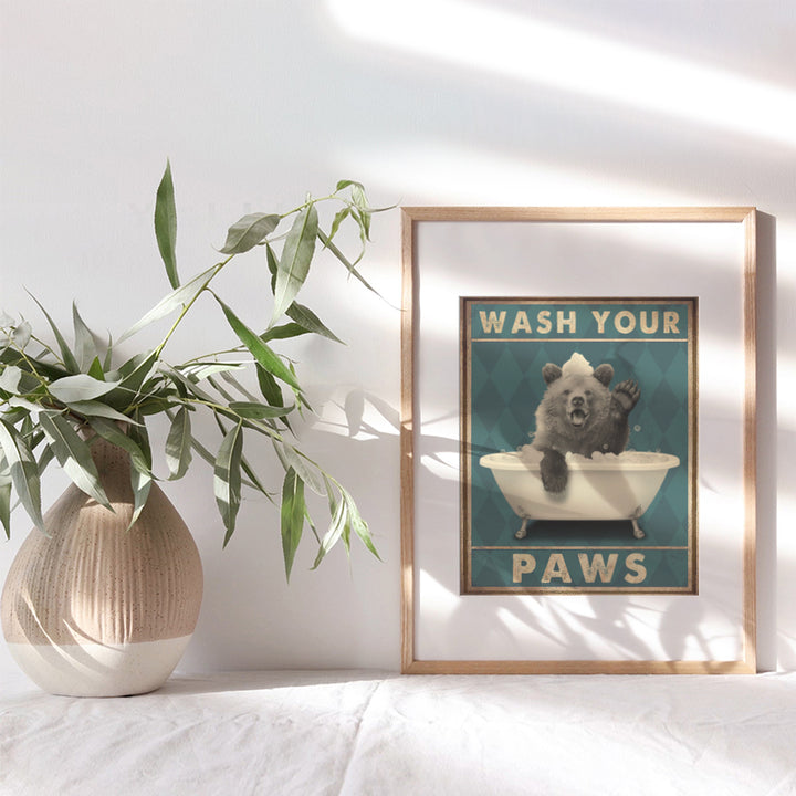 Wash Your Paws - Bear Wall Art - Funny Bathroom Decor for Women, Kids - Bathroom Pictures - Bath Wall Decor - Cute Bathroom Accessories - Powder Room - Wash Your Hands Restroom Sign - Butt Napkins