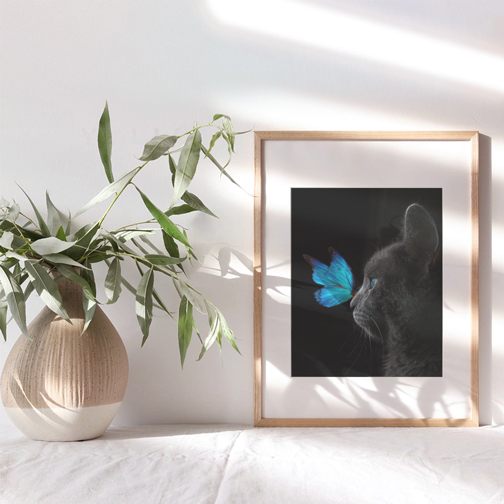 Cat Wall Decor - Butterfly Wall Decor - Blue Butterfly - Black Cat - Cat Gifts for Women - Cute Cat Poster - Cat Posters for Girls Bedroom - Cat Lover Gifts - Cat Wall Art - Butterfly Wall Art