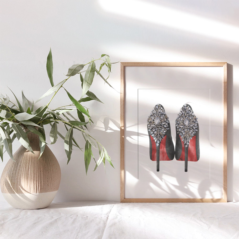 Fashion Design Wall Art - Glam Home Decor - Designer Shoes Wall Decor Poster - Glamour Wall Art for Girls Room Teens Bedroom Office Living room - Luxury Gifts for Women - Bling Fashionista decoration