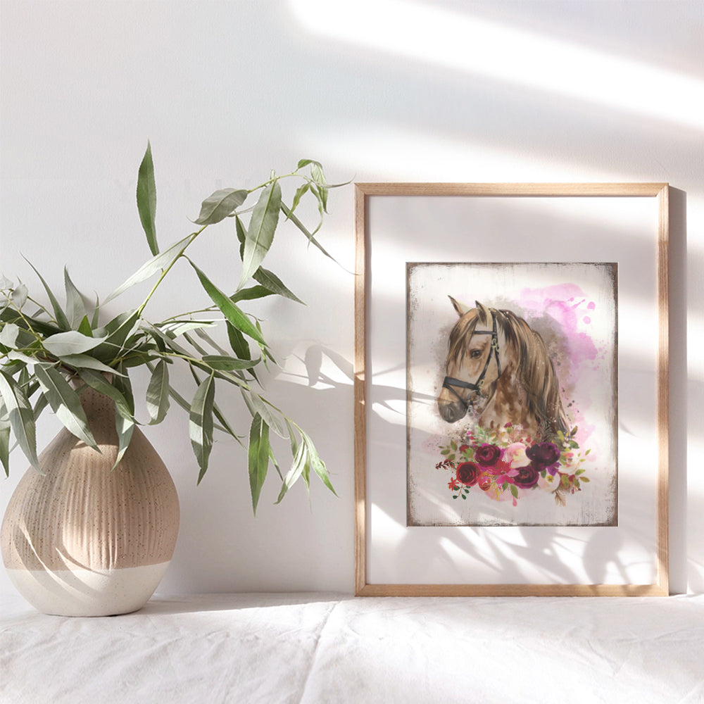 Boho Horse Wall Art & Decor - Rustic Farmhouse Barn Wall Decor for Girls Bedroom, Office, Living Room - Country Western Shabby Chic Decorations - Gift for Equestrian Women - Pink Pony Poster