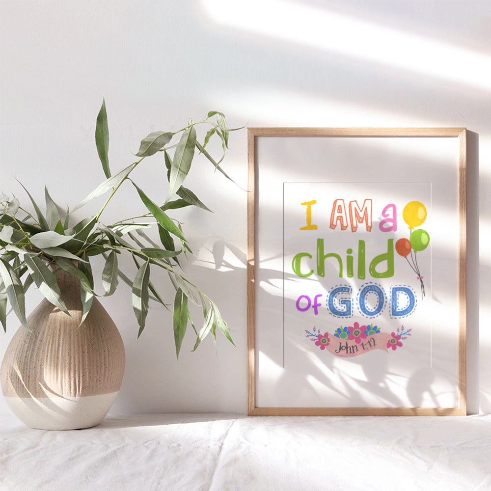 Child of God Scripture Decor - Christian Bible Verse Wall Art Poster for Nursery, Little Boys Room, Toddler Girls Bedroom - Religious Gifts for Kids - God Wall Decor - Positive Inspirational Quotes