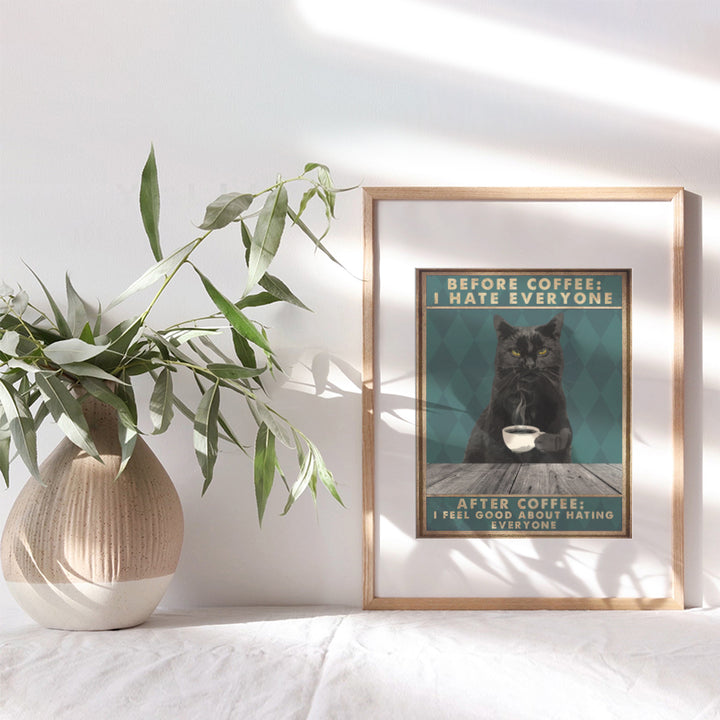 Black cat Wall Art & Decor - Cat Room Decor - Cat Themed Gifts - Cat Lady Gifts for Women Men - Funny Quotes - Coffee Decor - Kitchen Art - Cute Cat Lover Gift - Cafe Wall Art - UNFRAMED 8x10