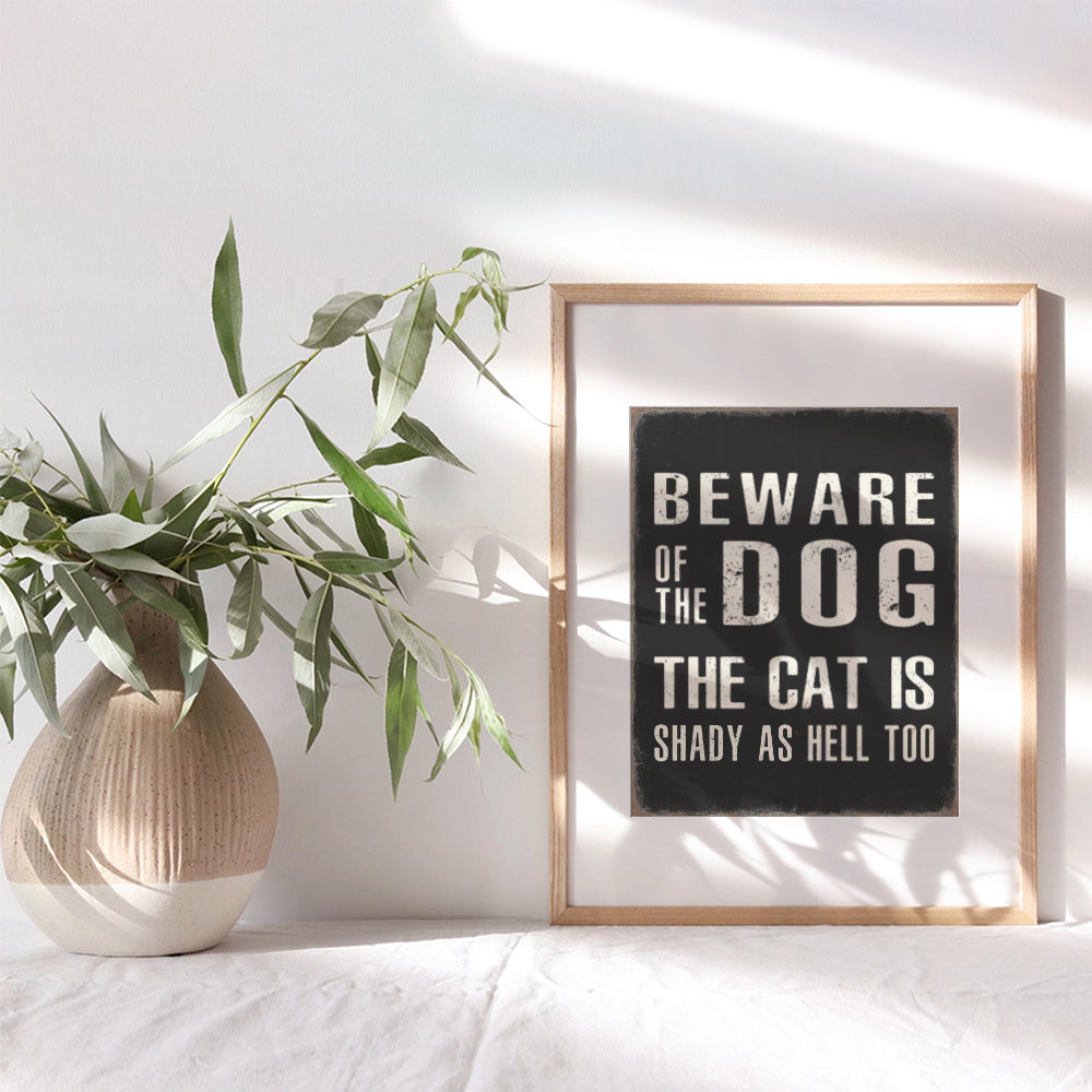 Beware of Dog Sign Funny Poster - 8x10 Cat Wall Art & Decor - Dog Quotes Wall Decor - Cute Cat Wall Decor - Dog Wall Decor Picture Print - Cat Gifts for Women Men - Cool Unique Dog Lover Gifts