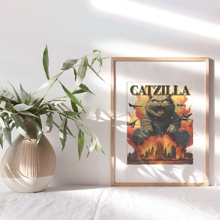 Funny Cats Wall Art & Decor - Catzilla - Black cat - Funny Cat Poster - Cat Gifts for Men, Cat Dad, Boys' Bedroom, Man cave Decor - Mens Cat Wall Decor - Horror Movie Poster - Japanese Wall Art Print