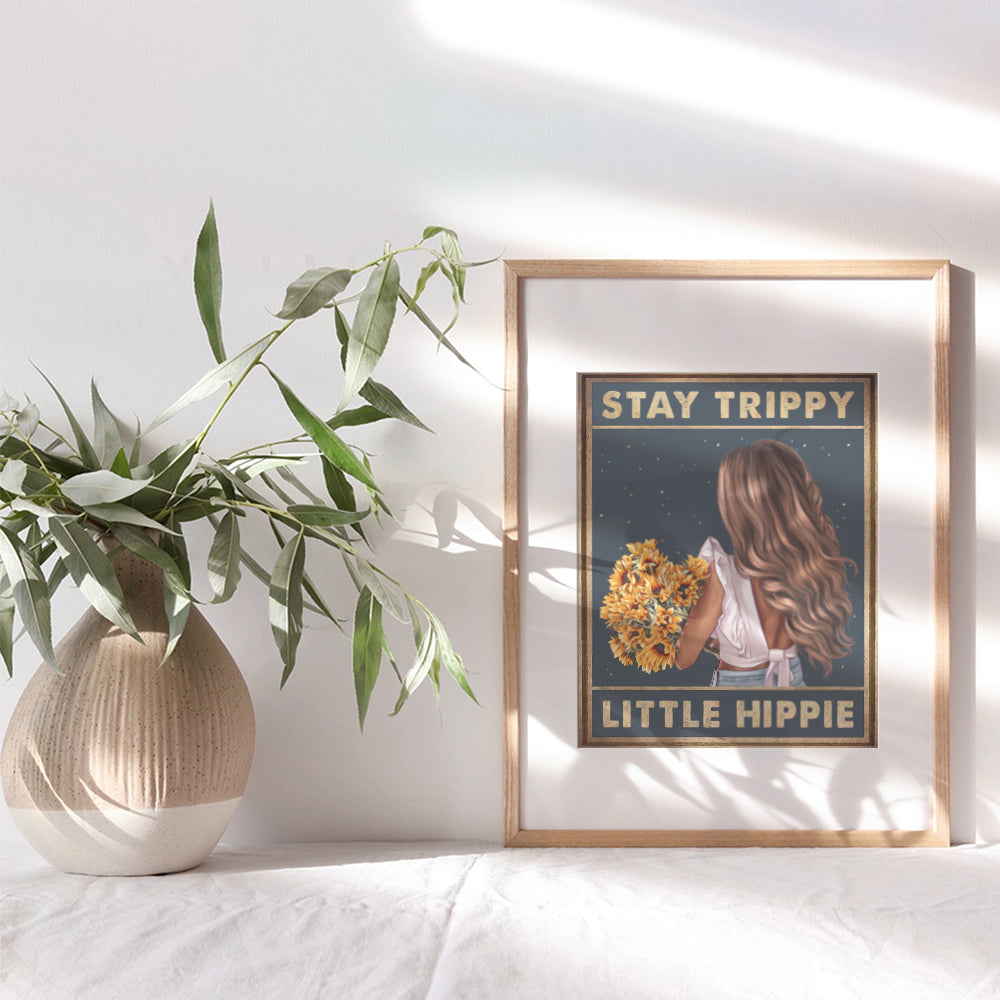 Trippy Wall Decor - Stay Trippy Little Hippie Wall Art - Boho Wall Decor - Bohemian Wall Art - Sunflower Home Decor - Women, Teen Girls Bedroom - Hippy Living Room Decor Poster Print - Positive Quotes