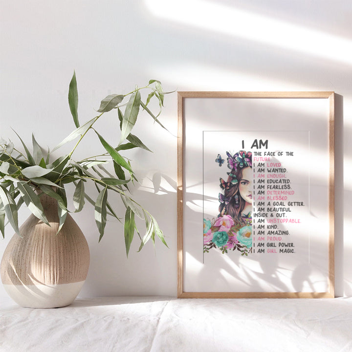 Positive Affirmations Bedroom Wall Art - Positive Quotes - I Am Tween Little Girls Room Decor Poster - Inspiration Daughter Gift - Inspirational Saying for Teen Girl - Yellowbird Art & Design 8x10