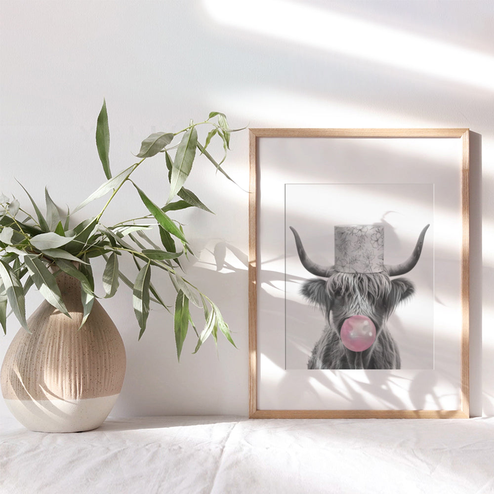 Cute Cow Bathroom Wall Art - Scottish Highland Cow Print - Black Gray Grey Pink Bathroom Wall Decor - funny Bathroom Pictures - Kids Bathroom Sign - Country Rustic Farmhouse Bathroom Accessories