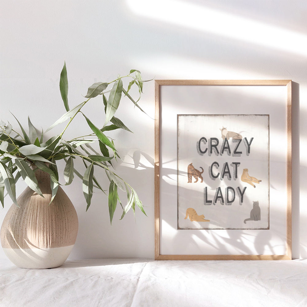 Cute Cat Wall Decor for Women - funny Sayings Crazy Cat Lady Gifts for Women, Woman, Girl, Kitty Cat Mom, Wife - Cats Wall Art for Living room, Kitchen, Bathroom, Apartment - Yellowbird Art & Design