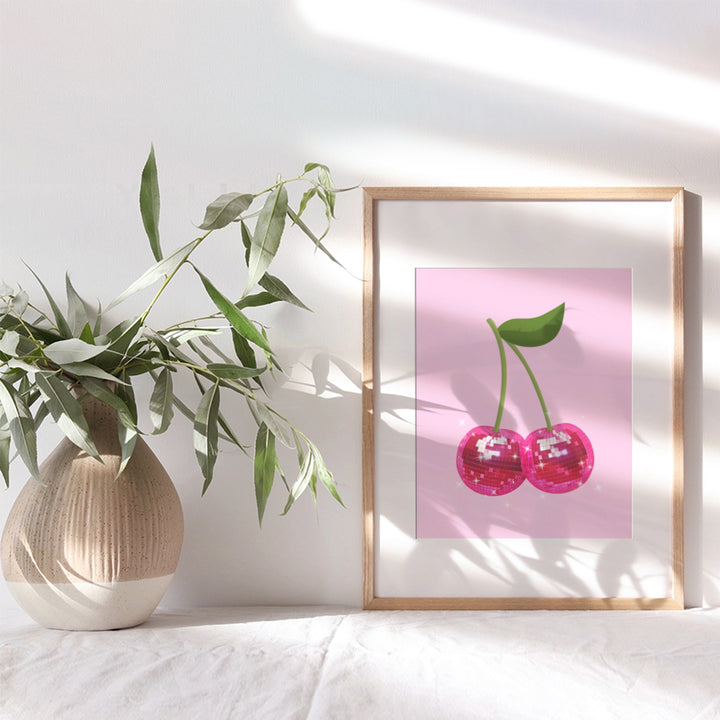 Trendy Retro Wall Art & Decor - Cherry Disco Ball Home Decor Poster - Pink Funky Living room Wall Art- Preppy Stuff Room Decor - Girls Bedroom Dorm Teen Room Decor- Indie Eclectic Wall Decor Aesthetic