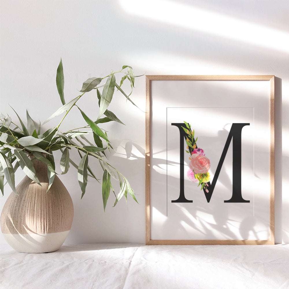 Letter M Initial Monogram Wall Decor - Floral Alphabet Art Home Decoration for Bedroom, Living Room, Bathroom, Office - Personalized Monogrammed Gift for Women, Girls, Teens - Pink Roses Sign