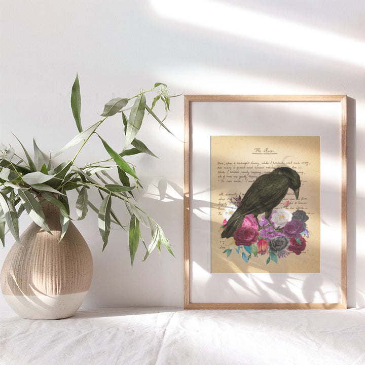 Edgar Allan Poe Gifts - The Raven - Gothic Living Room Decor - Medieval Decor - Wicca, Wiccan, Witchcraft, Occult - Goth Wall Art - Creepy Poster for Bedroom - Crow, Black Roses, Flowers Picture