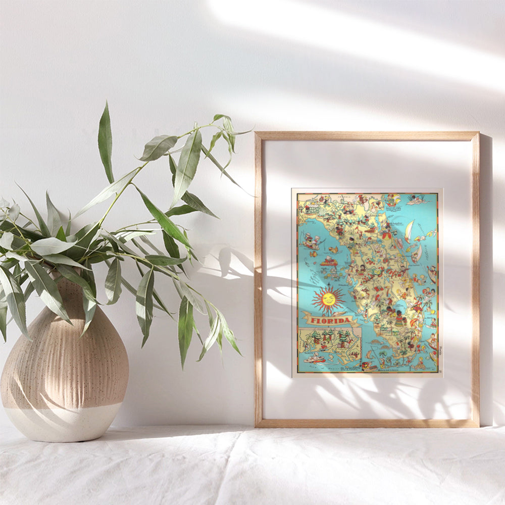 Map of Florida - Florida Tourism Tourist Map - 8x10 Sunshine State Travel Poster Postcard Wall Art Print - Unique Gift for Floridians - Vintage Retro Home Decor Picture - FL Beach House, Office