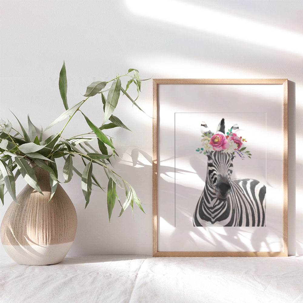 Zebra w/Flowers - Jungle Animal Floral Watercolor Wall Art Print Poster - Home Decor for Women, Girls, Teens or Kids, Room, Bedroom, Nursery - Cute Unique Baby Shower Gift - 8x10 Unframed