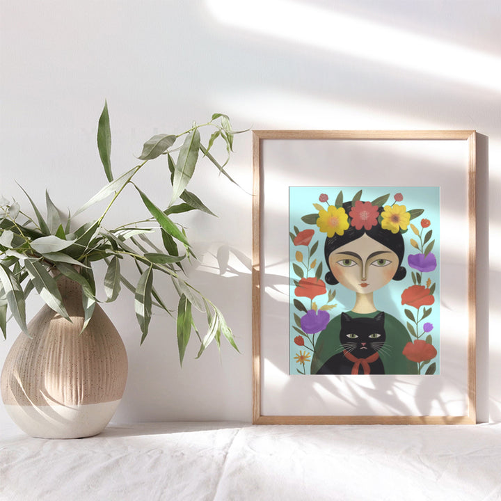 Cat Decor Frida Mexican Decor - Frida Poster 8x10 - Black cat Wall Art - Mexican Folk Art - Cute Cat Wall Decor - Mexicans Art - Cat Gifts for Women - Cat Mom, Cat Themed Gifts - Cat Lover Gifts