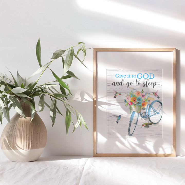 Give it to God and Go to Sleep Sign - God Wall Decor - Christian Gifts for Women - Spiritual Wall Decor - Inspirational Wall Art - Religious Wall Decor - Hummingbird Wall Decor - Bicycle Wall Decor