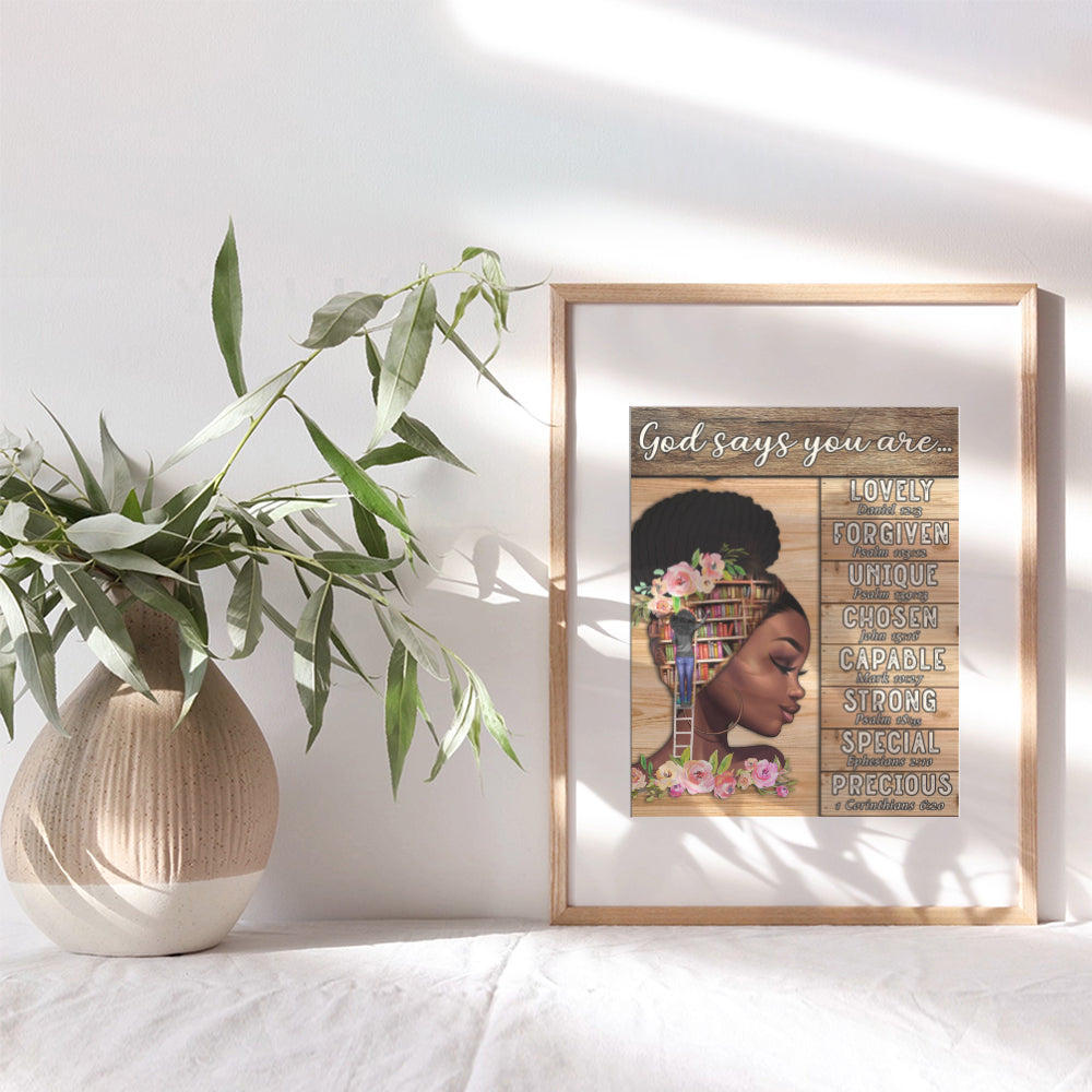 African American I Am Decor - Black Wall Art - Catholic Christian Religious Gifts for Women - God Says You Are - African American Girls - Inspirational Scripture - Motivational Spiritual Bible Verses