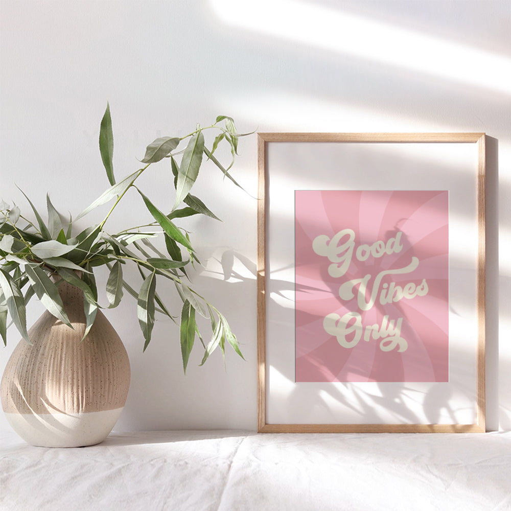 Yellowbird Art & Design Good Vibes Only Wall Art - Good Vibes Sign - Hippie Trippy Home Decor - Pink 60's Retro style Wall Art Poster - Happy Quotes Wall Decor - Hippie Wall Art - Aesthetics Wall Art