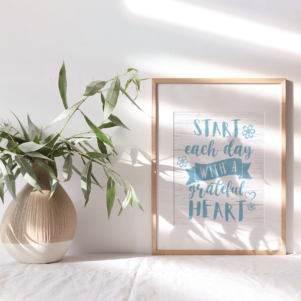 Rustic Inspirational Quotes Wall Art - Start Each Day With A Grateful Heart Sign Wall Decor - Blue Motivational Wall Art Posters - Positive Quotes Sayings - Cute Encouragement Gifts for Women Unframed