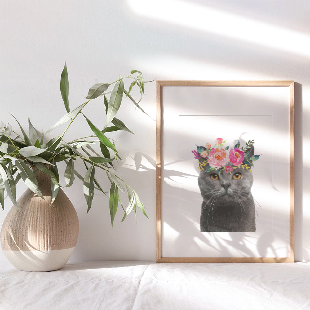 Gray Cat Wall Decor - Cat Lover Gifts for Women - Adorable Floral Kitten, Kitty Wall Art Poster - Cute Girly Room Decoration for Girls Bedroom, Kids Room, Living Room, Baby Nursery - Grey Cat