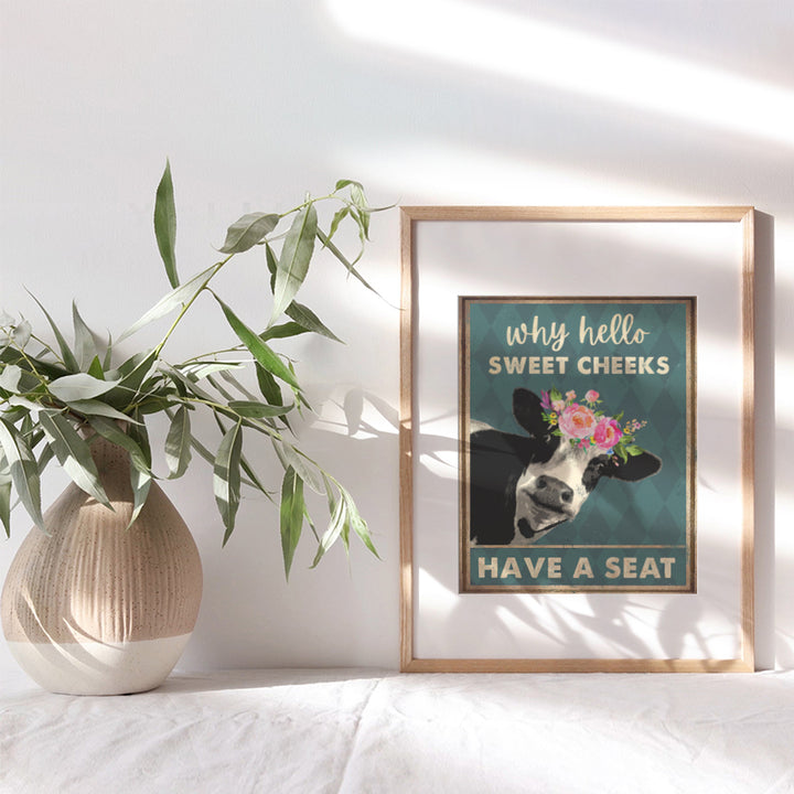 Hello Sweet Cheeks Bathroom Sign - Cow Bathroom Decor - Bathroom Wall Art Pictures - Cute Bathroom Accessories - Funny Bathroom Poster - Bath Wall Decor - Guest Bathroom - Powder Room