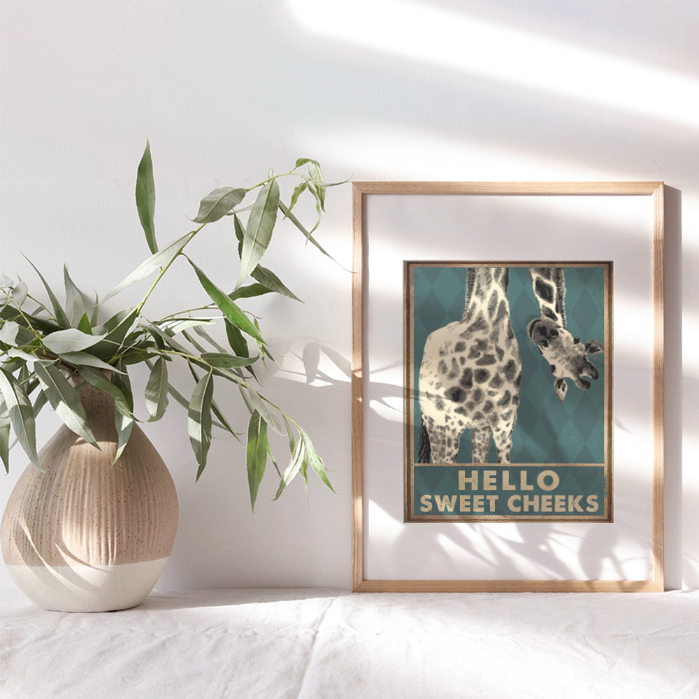 Giraffe Decor - Bathroom Wall Art Decorations - Hello Sweet Cheeks Bathroom Sign - Funny Bathroom Decor Poster - Bathroom Pictures - Cute Bathroom Accessories - Bath Wall Decor - Guest Bathroom