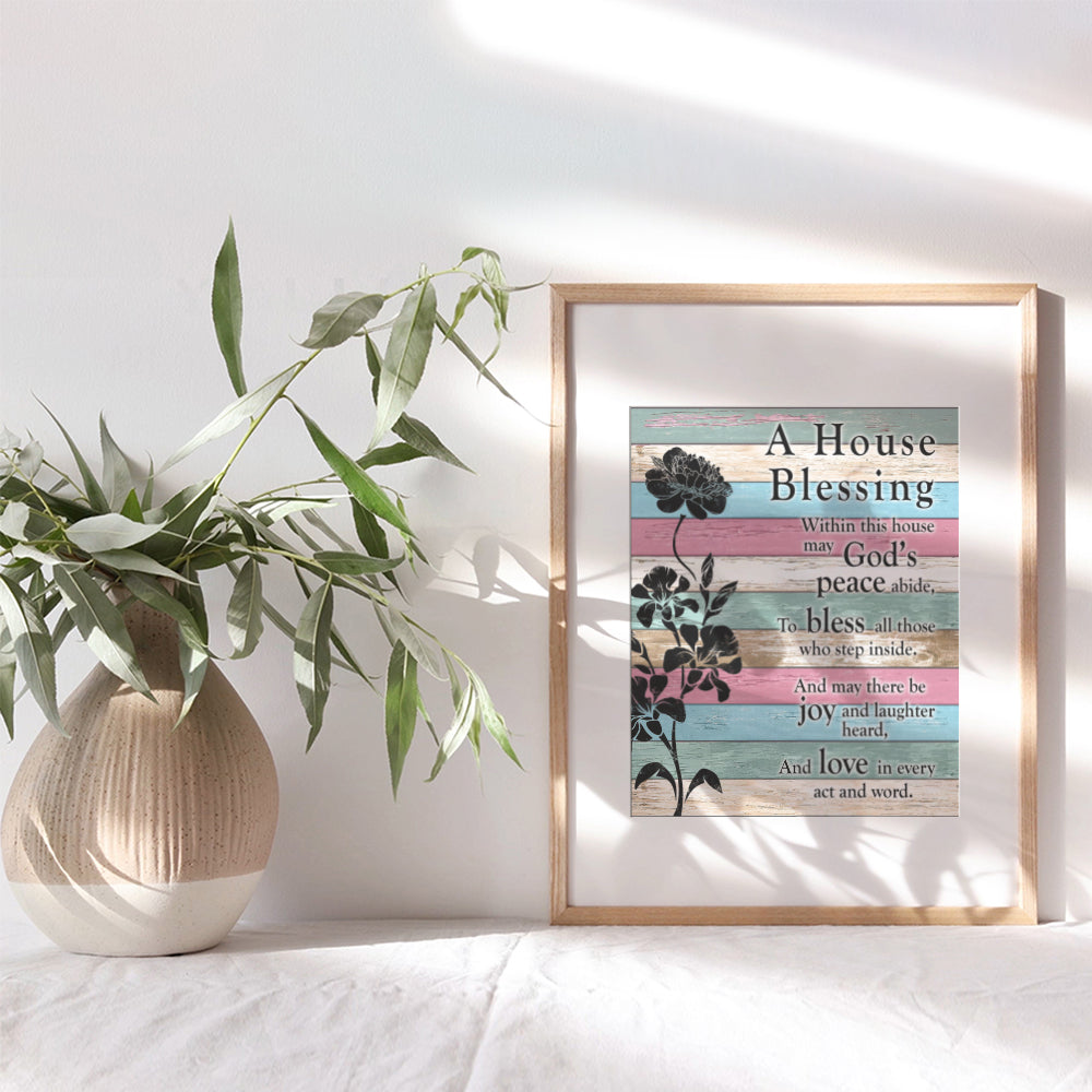 House Blessing - Christian Wall Decor - Religious Housewarming Gifts for Women, Pastor, Minister - Inspirational Wall Art - Blessed Wall Art - Bible Verse Wall Decor - Pink Teal Blue Picture -Unframed