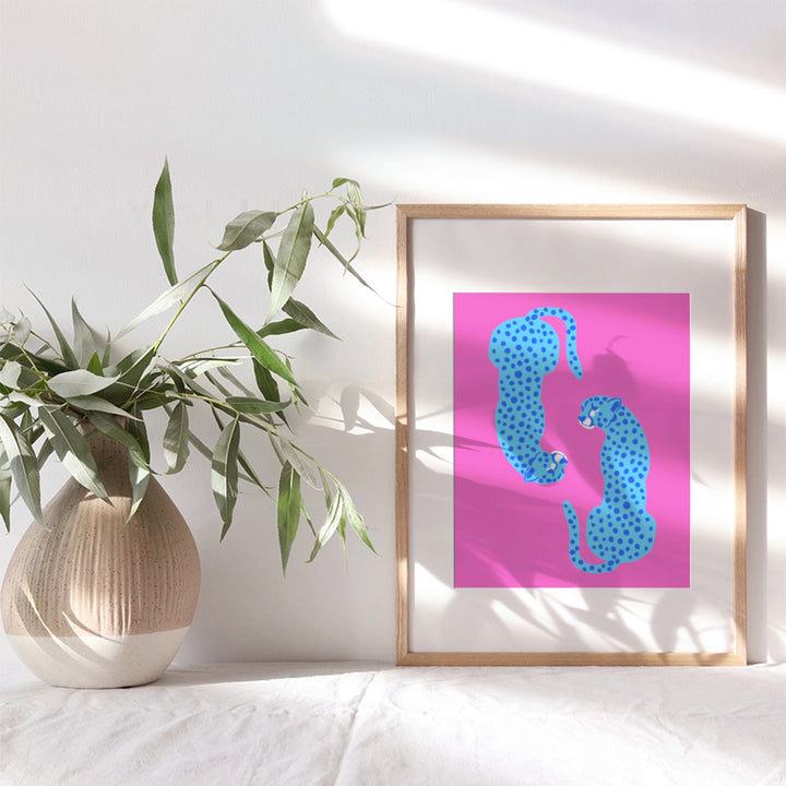 Mid-century Modern Aesthetic Cheetah print Wall Art - Minimalist Wall Art - Pink Blue Indie Preppy Room Decor Poster - Living room Bedroom Decor for Women Woman - Leopard Wall Art & Decor - UNFRAMED