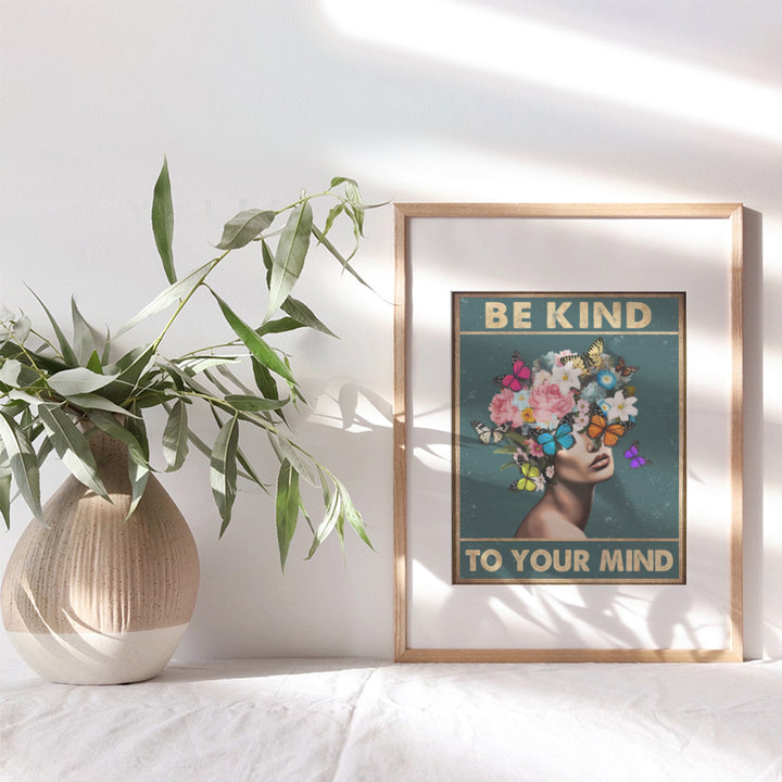 positive Quotes Wall Decor for Women - Be Kind To Your Mind Inspirational Wall Art - positive Affirmations for Girls - Zen Wall Art - New Age Butterflies Wall Decor - Mental Health Posters for Office