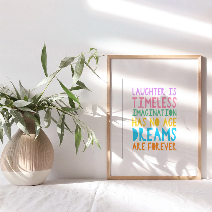 Inspirational Positive Quotes Wall Art & Decor - Laughter is Timeless Imagination Has No Age - Uplifting Gifts for Women, Nursery, Girls, Boys Bedroom - Inspiring Sayings