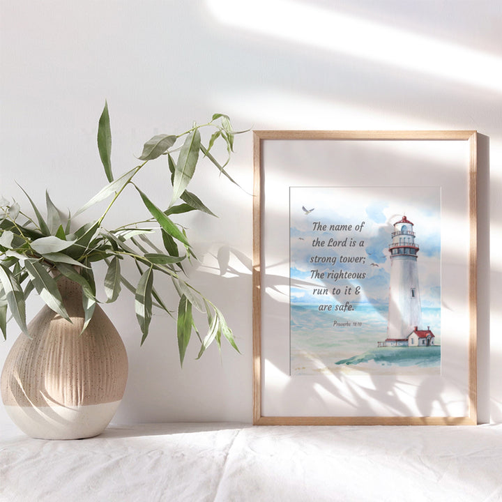 Nautical Lighthouse Religious Wall Art - Christian Scripture Bible Verse Gift - Ocean Home Decoration, Bathroom Decor - Print for Seaside Beach House, Restroom, Living Room, Bedroom - Blue Proverbs