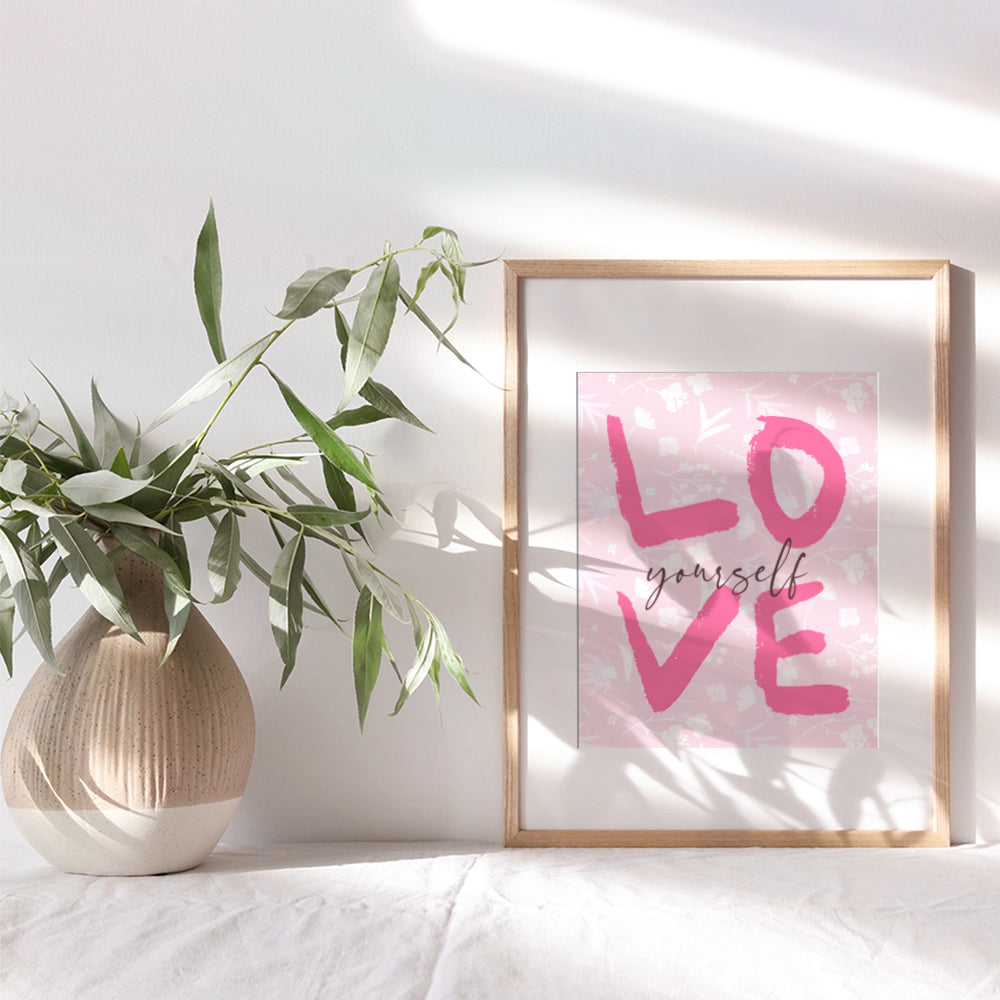 positive Wall Art for Women - Women’s empowerment Inspirational Quotes Wall Decor - Love Yourself - Preppy Room Decor - Pink Retro style Trendy Home Decor - Indy Teen Girls Bedroom Decor Aesthetic