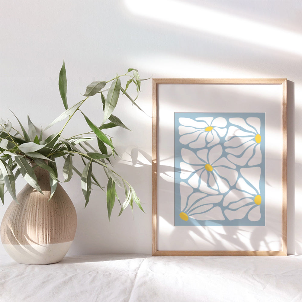 Light Blue Minimalist Boho Decor - 70s Aesthetic Room Decor for Bathroom, Bedroom, Living Room - Trendy Wall Art - Retro Vintage Abstract art - Preppy Flower Hippie Mid Century Wall Decor for Women