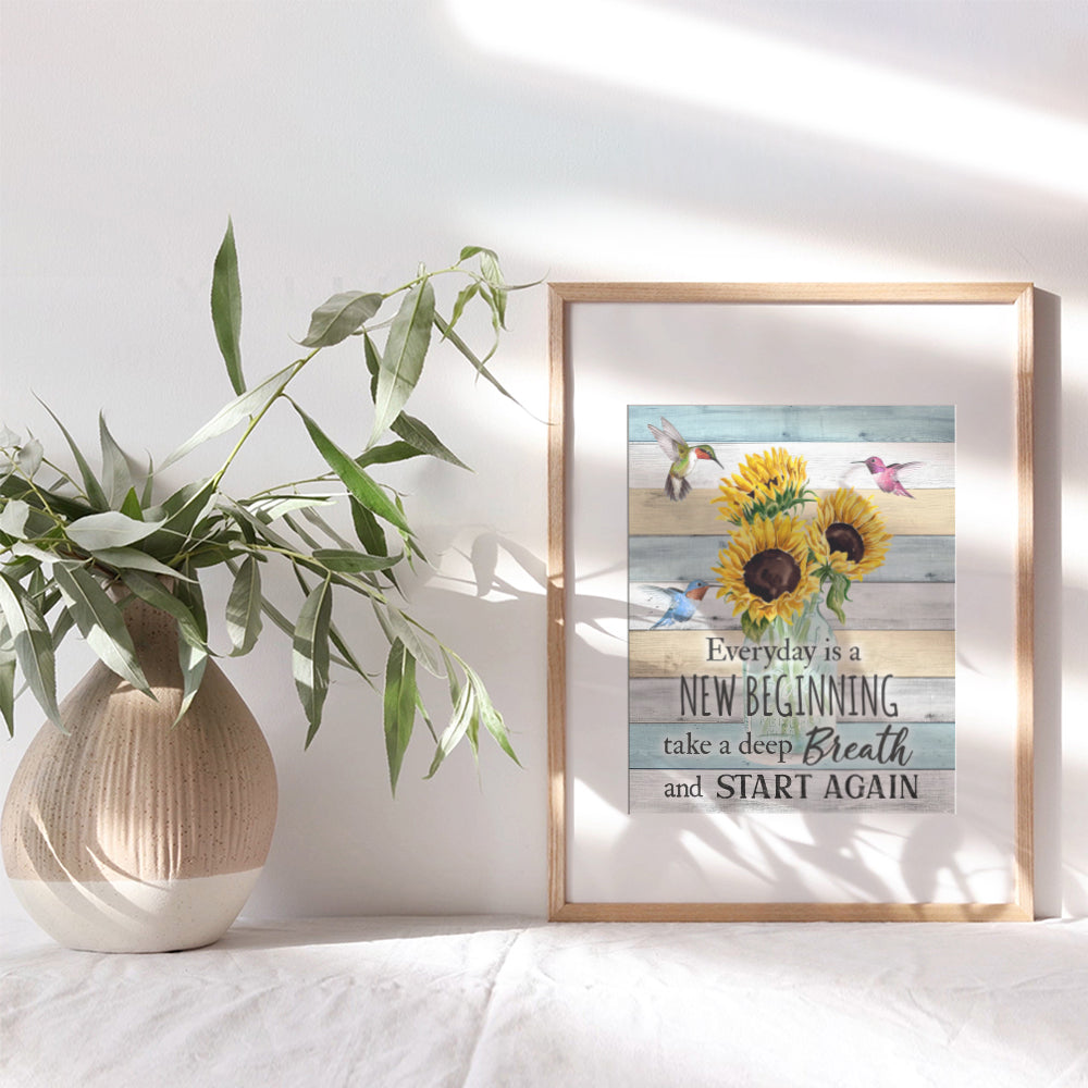 Inspirational Wall Art & Decor - New Beginnings Hummingbirds Sunflowers Rustic Boho Family Wall Art - Inspiration Saying Quotation - Positive Quotes Wall Decor - Encouragement Gifts for Women Woman