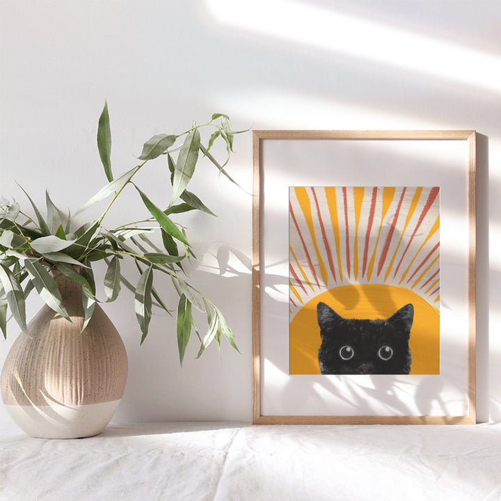 Cute Cat Wall Art Boho Wall Decor - Cat Wall Decor - Vintage Retro Black cat Stuff, Cat Mom, Cat Lover Gift - Cat Themed Gifts for Women - Cat Poster - Boho-chic Farmhouse Style Minimalist Room Decor