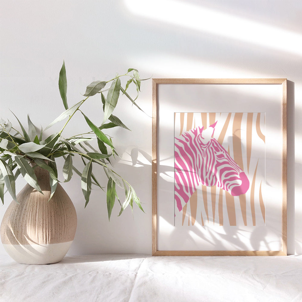 Zebra Print Minimalist Wall Decor - Mid Century modern Wall Decor - Zebra Wall Decor - Preppy Trendy Wall Decor for Women - Orange Pink Room Decor, Living room Decor Aesthetic - 70s Chic Home Decor