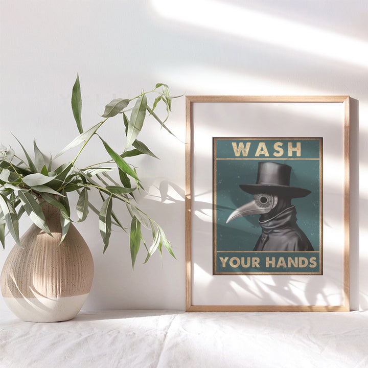 Bathroom Sign Plague Doctor Decor - Wash Your Hands Gothic art funny Sayings, Quotes - Crow Raven Creepy Bathroom Decor Wall Art - Medieval Powder room Restroom Sign - Witchcraft Supplies, Pagan Gifts