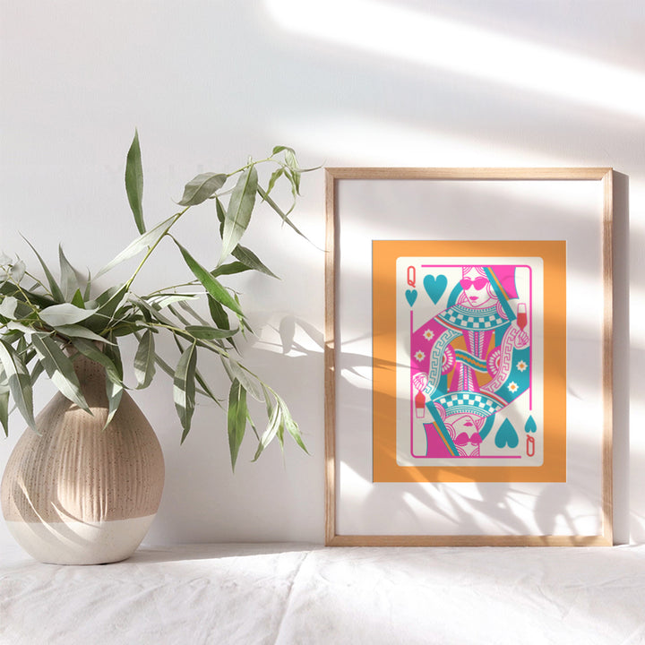 Queen of Hearts Preppy Room Decor - Queen O Hearts Cute Trendy Aesthetic Wall Decor for Women - Funky Blue Pink Orange Bar Decor - 70’s Retro Chic Home Decor - Maximalist Bedroom Living room Wall Art