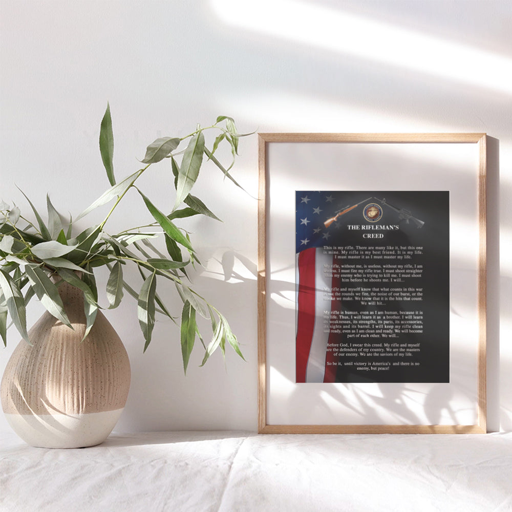 USMC American Flag Wall Art - Riflemans Creed Patriotic Decorations, Wall Art Home Decor - US Marine Corps, Semper Fi, Patriotic Gifts for Men, Military Veterans, Vets, Sniper - AK 47, M16 Photo