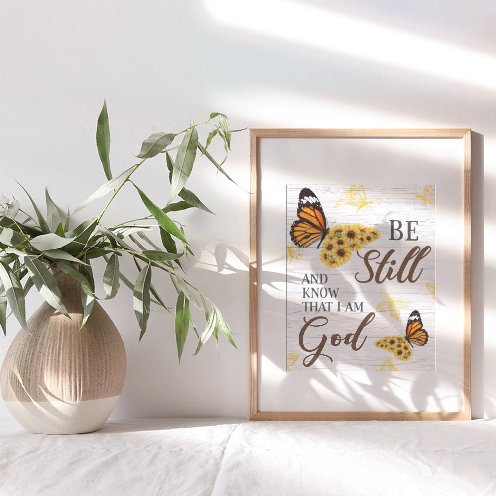 Be Still And Know That I Am God - Psalm 46 - Religious Scripture Bible Verse Wall Decor Sign - Christian Gifts for Women - Inspirational Country Farmhouse Rustic Sunflower - Boho Butterfly Wall Art