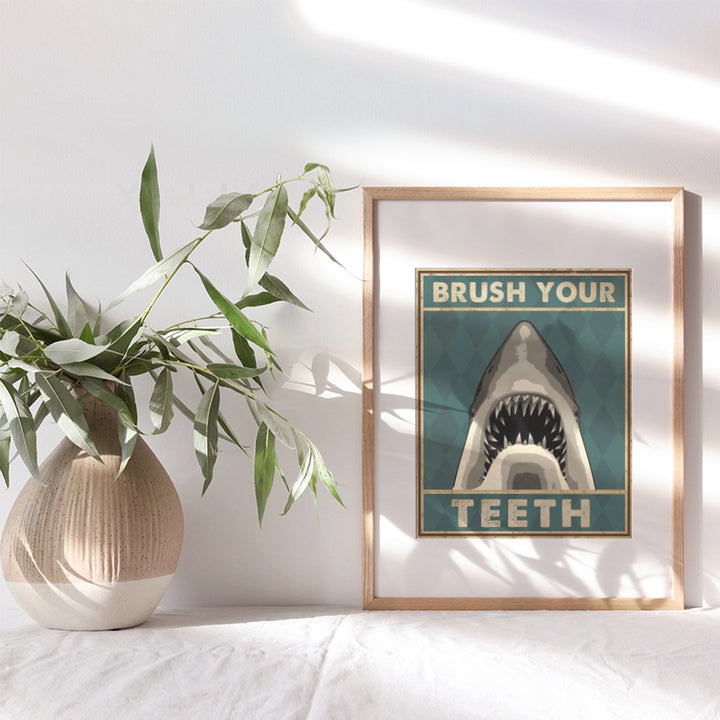 Boys Bathroom Wall Art & Decor - Brush Your Teeth Kids Bathroom Decor - Beach Bathroom Decor - Funny Shark Bathroom Decor - Bath Wall Decor - Unique Restroom Sign - Bathroom Pictures Poster Prints