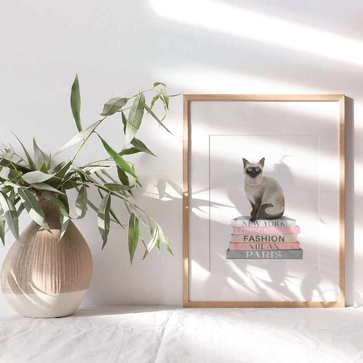 Fashion Design Cat Wall Decor - Poster of Book - Glam Siamese cat Wall Decor for Living room, Bedroom - Glamour Couture Cute Cat Gift for Woman, Girl - Designer Wall decoration